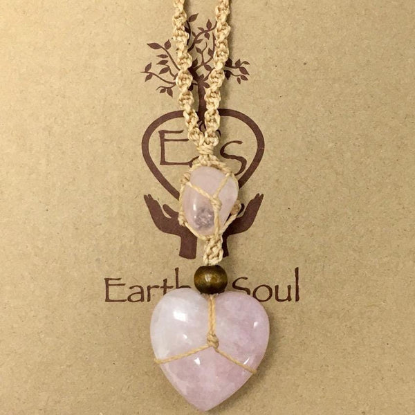 Rose Quartz Crystal Heart Necklace - Natural cord