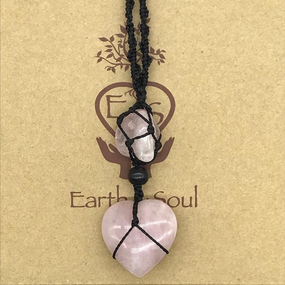 Rose Quartz Crystal Heart Necklace - Black cord
