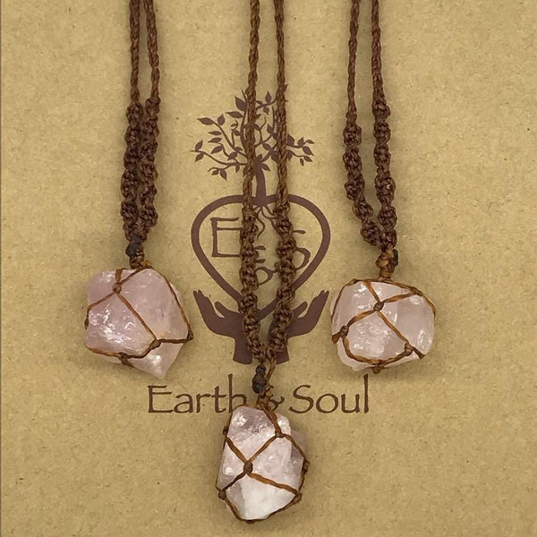 Rose Quartz Crystal Necklace - Brown cord
