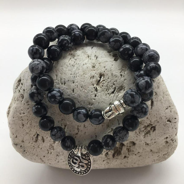 Snowflake Obsidian 8mm Stone Bracelet Set with Buddha and Om Charms
