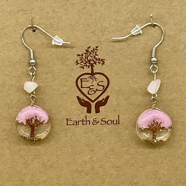 Tree of Life Drop Earrings - Soft Pink Agate