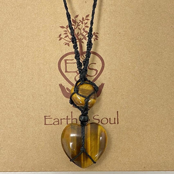 Tiger Eye Crystal Heart Necklace - Black cord