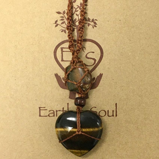 Tiger Eye Crystal Heart Necklace - Brown Cord