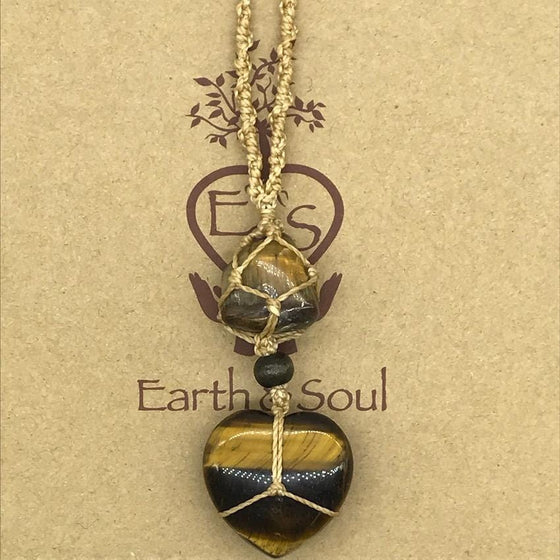 Tiger Eye Crystal Heart Necklace - Natural cord