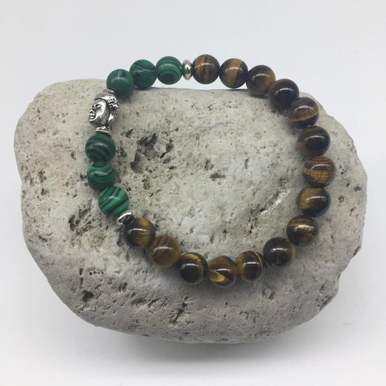 Tiger Eye and Green Peacock 8mm Stone Bracelet with Buddha Charm