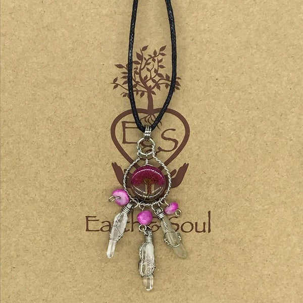 Tree of Life Dreamcatcher Necklace - Fuchsia Agate