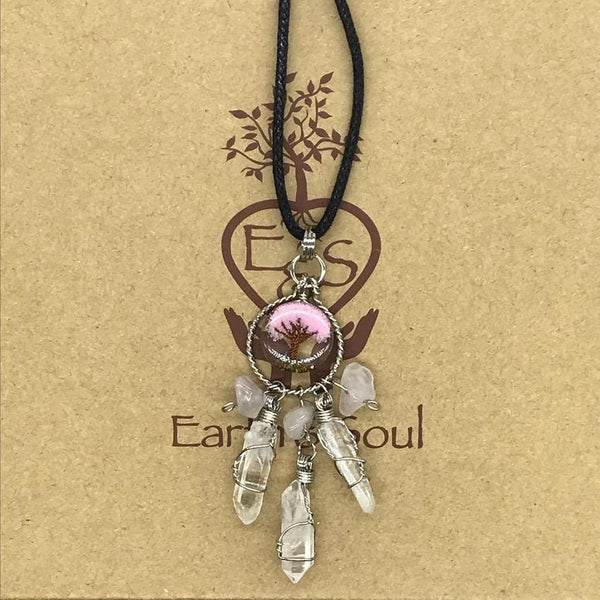 Tree of Life Dreamcatcher Necklace - Soft Pink Agate
