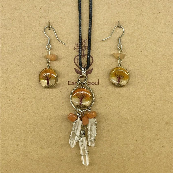 Tree of Life Dreamcatcher Necklace & Drop Earring Set - Orange Calcite