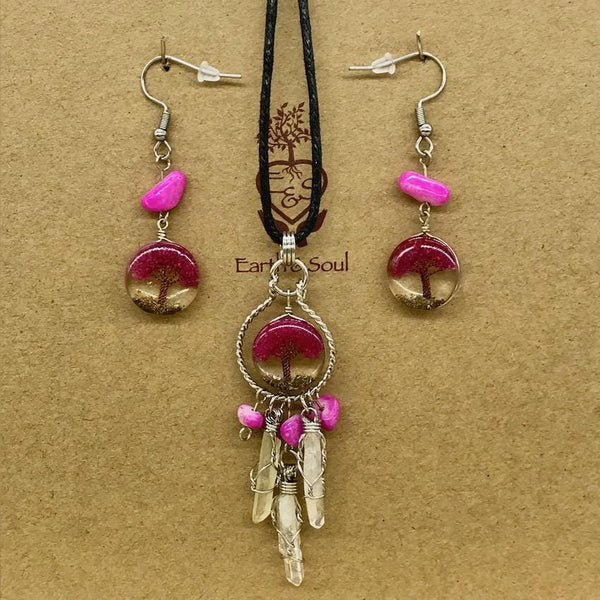 Tree of Life Dreamcatcher Necklace and Drop Earring Set - Fuchsia Agate