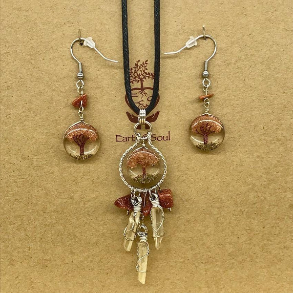 Tree of Life Dreamcatcher Necklace and Drop Earring Set - Goldstone