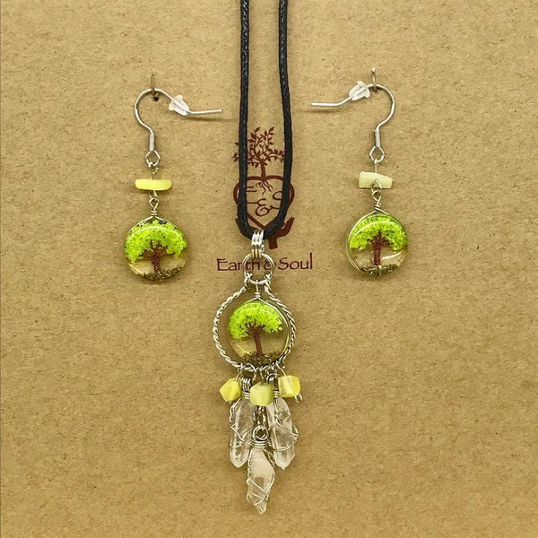 Tree of Life Dreamcatcher Necklace and Drop Earring Set - Green Agate
