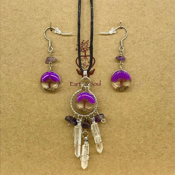 Tree of Life Dreamcatcher Necklace and Drop Earring Set - Purple Agate