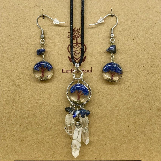 Tree of Life Dreamcatcher Necklace and Drop Earring Set - Sodalite