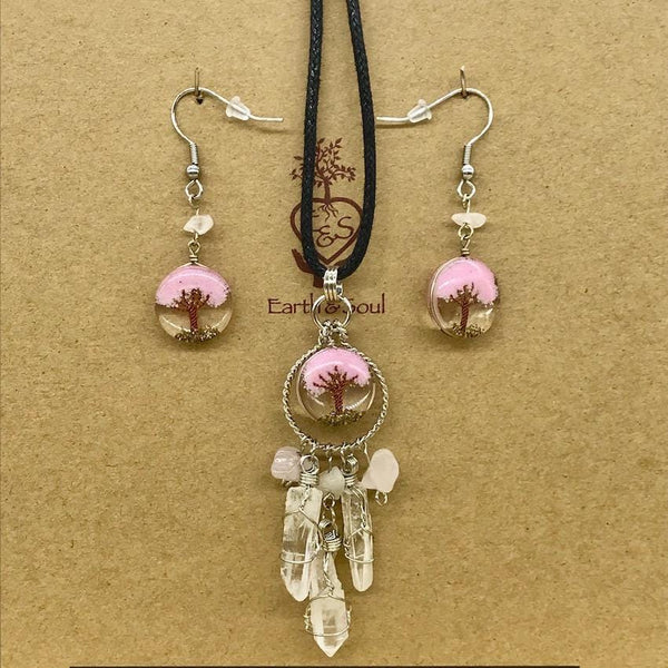 Tree of Life Dreamcatcher Necklace & Drop Earring Set-Soft Pink Agate
