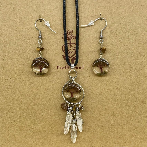 Tree of Life Dreamcatcher Necklace and Drop Earring Set - Tiger Eye