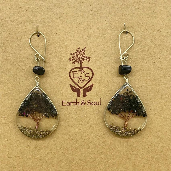 Tree of Life Pendant Earrings - Black Obsidian