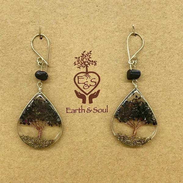 Tree of Life Pendant Earrings - Black Obsidian