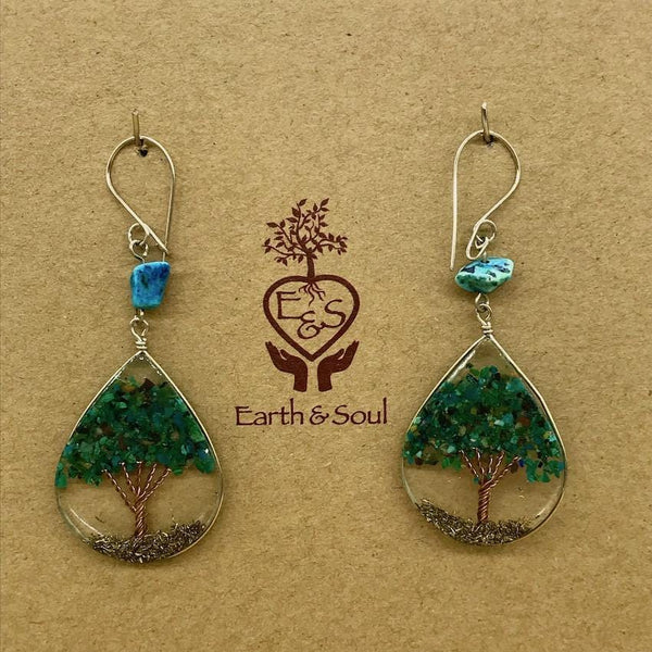 Tree of Life Pendant Earrings - Chrysocolla