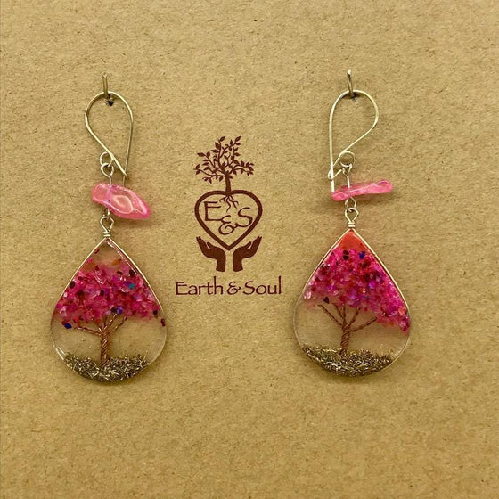 Tree of Life Pendant Earrings - Pink Agate