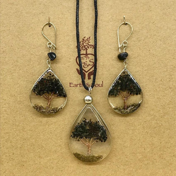Tree of Life Pendant Necklace and Earring Set - Black Obsidian