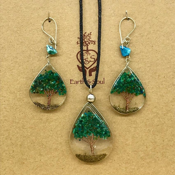 Tree of Life Pendant Necklace and Earring Set - Chrysocolla