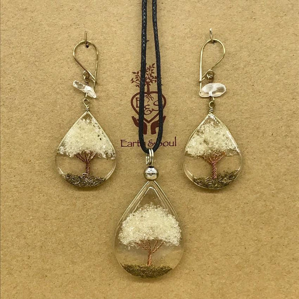 Tree of Life Pendant Necklace and Earring Set - Clear Quartz