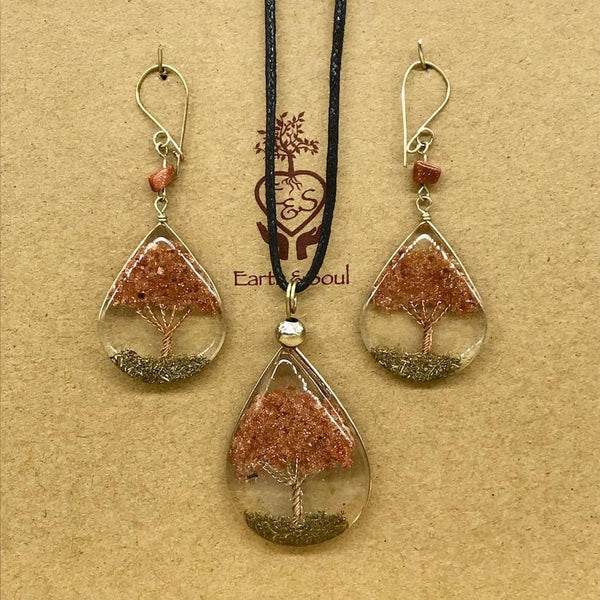 Tree of Life Pendant Necklace and Earring Set - Goldstone