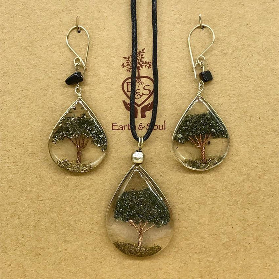 Tree of Life Pendant Necklace and Earring Set - Pyrite