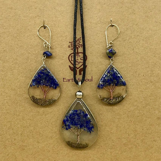 Tree of Life Pendant Necklace and Earring Set - Sodalite