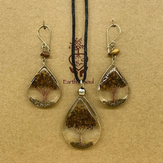 Tree of Life Pendant Necklace and Earring Set - Tiger Eye