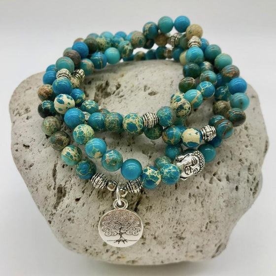 Turquoise Imperial 6mm Stone Bracelet with Tree of Life & Buddha Charm