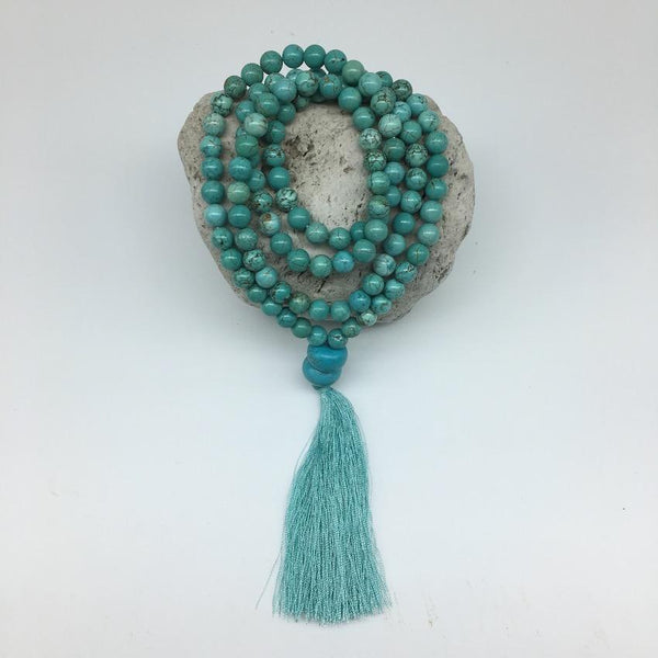 Turquoise 8mm Stone Mala Necklace with a Decorative Tassle