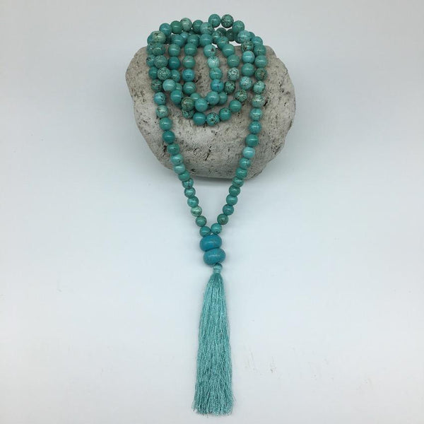 Turquoise 8mm Stone Mala Necklace with Decorative Tassle